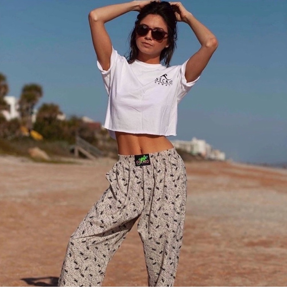 Gecko Hawaii Off-White Parachute Pants Small | 90s Vintage Beach Festival Nylon